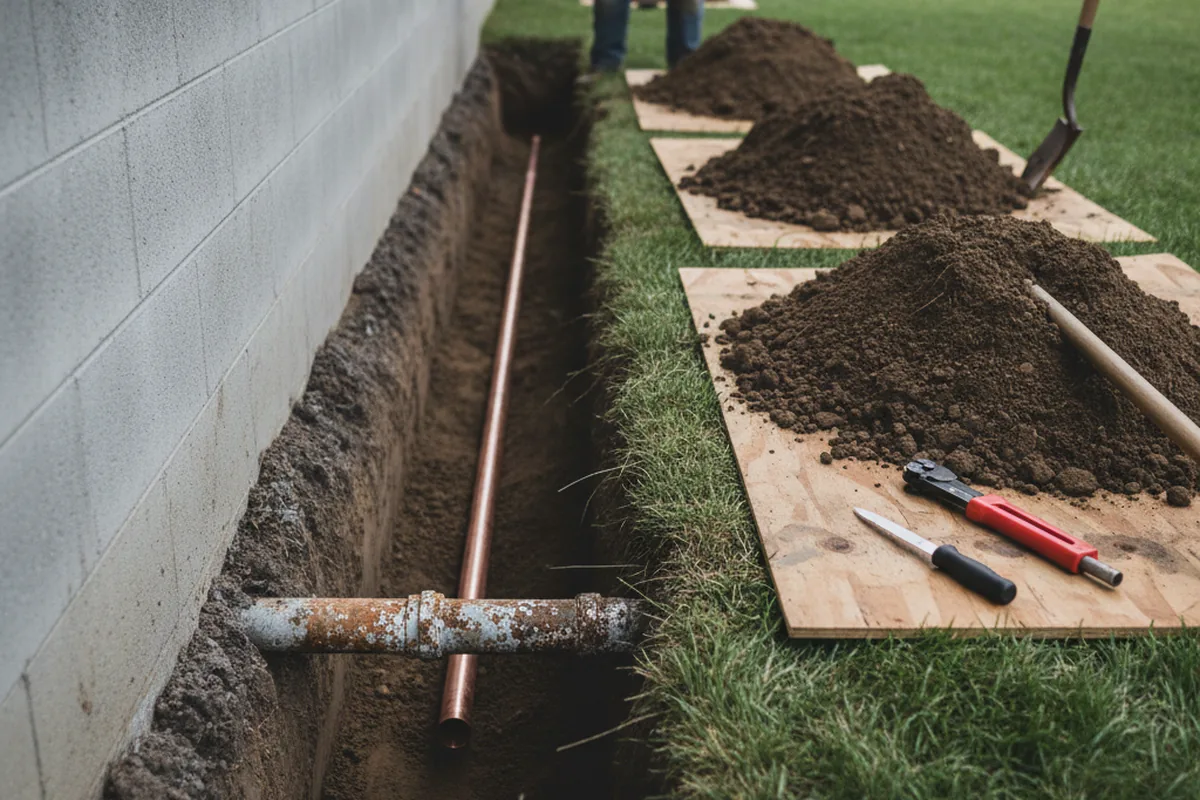 Excavated water line trench during Water Softener Installation in Brockton